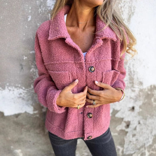 Damenjacke – Shearling-Look – Locker geschnitten – Weiter Kragen – Knopfverschluss
