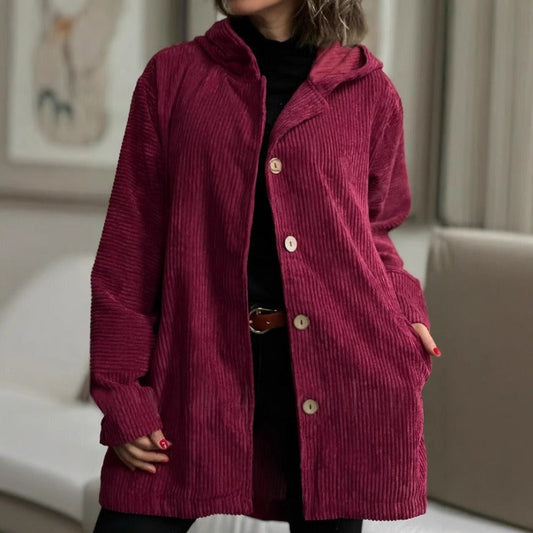Damen Freizeitjacke – Cordstoff – Lockerer Schnitt – Kapuze – Knopfverschluss