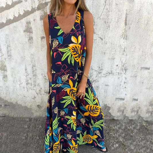 Damen Maxikleid – Ärmellos – V-Ausschnitt – Lockerer Schnitt – Baumwolle – Blattmuster
