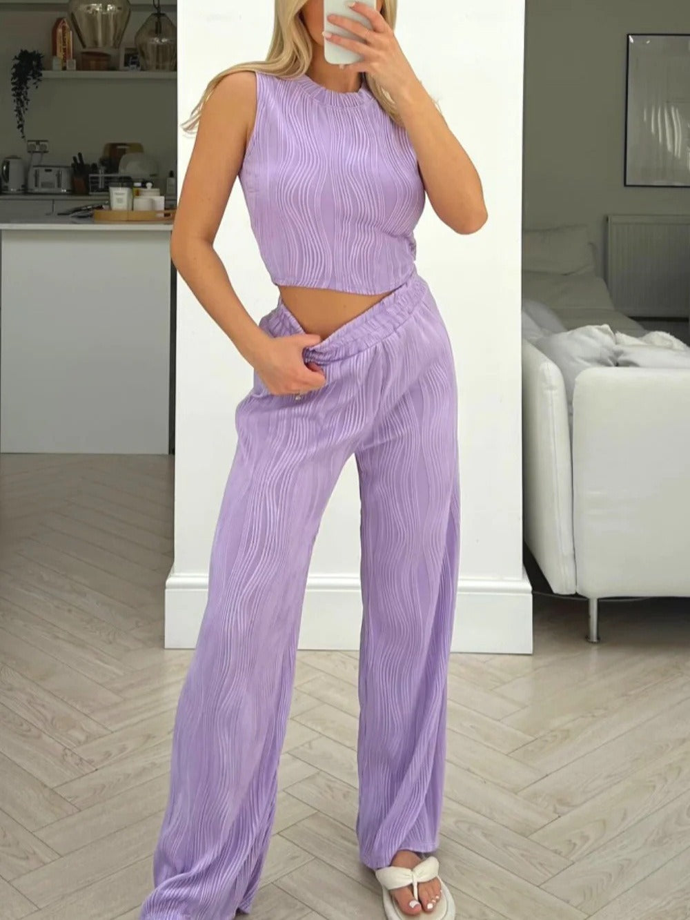 Damen Zweiteiler Set – Geripptes Crop Top ärmellos – Weite High-Waist Hose