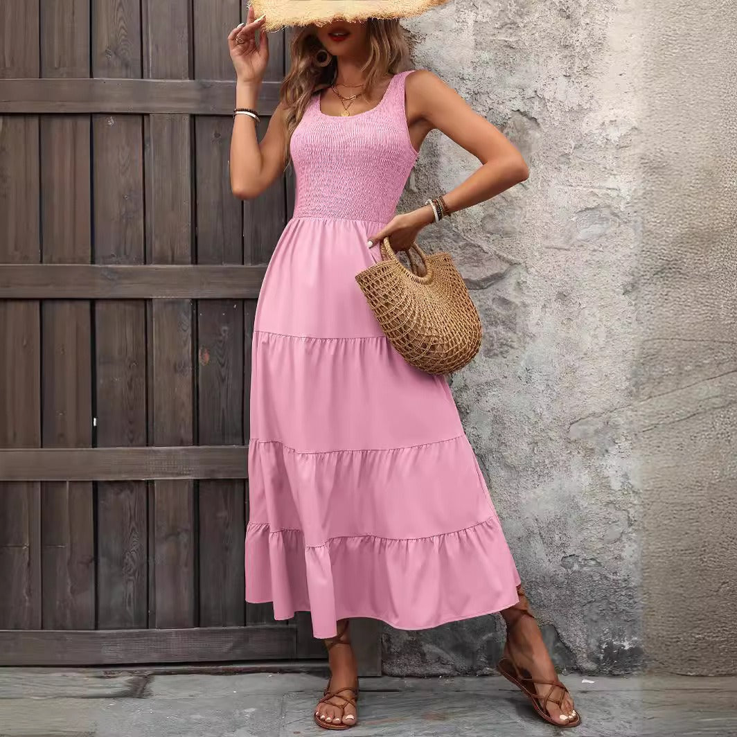 Damen Trägerkleid – A-Linien Schnitt – Smock-Oberteil – Plissierter Stufenrock