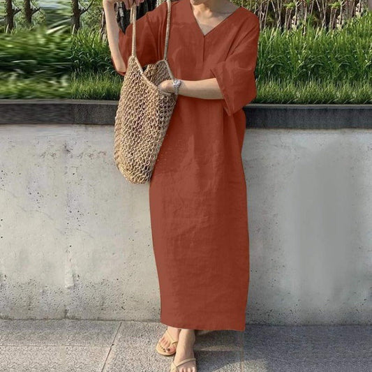 Damen Maxikleid – Baumwoll-Leinen – V-Ausschnitt – Kurzarm – Lockerer Schnitt