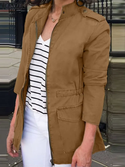 Damen Cargo Jacke – Relaxed Fit – Cotton – Stehkragen – Reißverschluss – Taschen