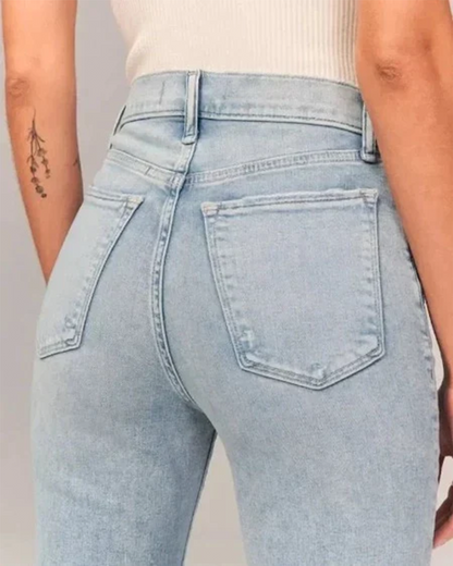 Damen Schlagjeans – High Waist – Weites Bein – Denim-Optik – Vollständig Lang