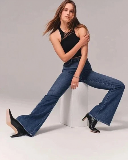 Damen Schlagjeans – High Waist – Weites Bein – Denim-Optik – Vollständig Lang