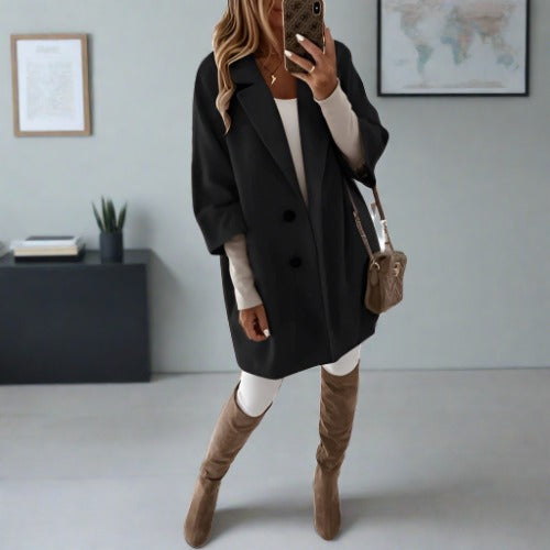 Damen Mantel – Relaxed Fit – Wolloptik – Klassischer Reverskragen – Knopfverschluss