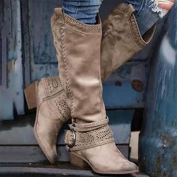 Damen Stiefel – Kniehoch – Strukturierte Passform – Stickerei & Schnallenriemen