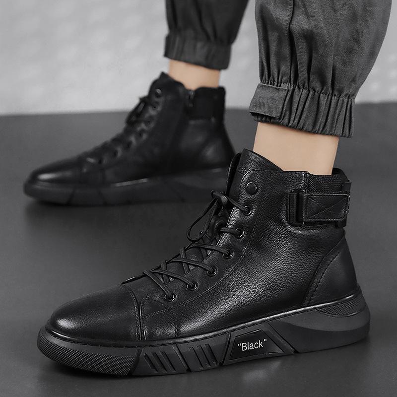 Herren Lederstiefeletten – Knöchelhoch – Schnürung mit Schnallenriemen – Strukturierter Sitz