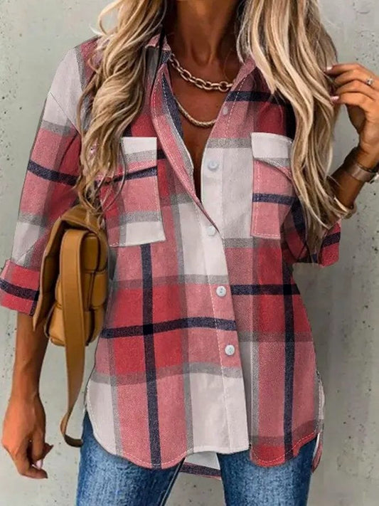 Damen Bluse – Lockerer Schnitt – Langarm – Kariert – Knopfleiste – Atmungsaktives Gewebe