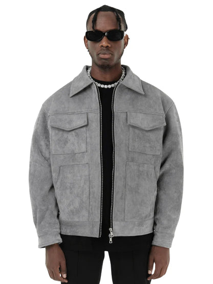 Herren Jacke – Oversized Fit – Veloursoptik – Reißverschluss – Brusttaschen