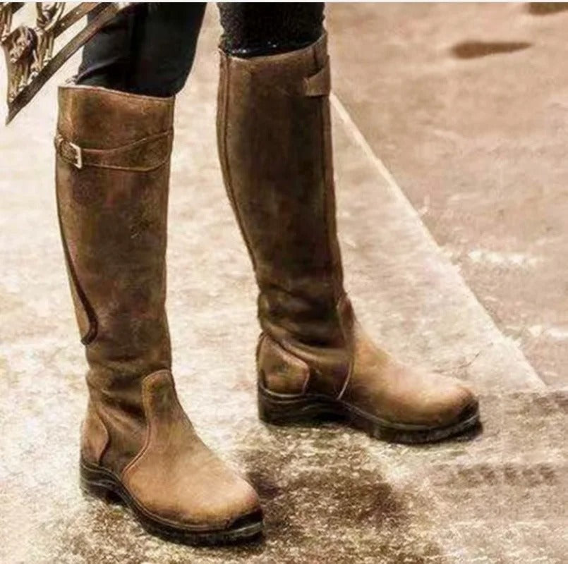 Damen Lederstiefel – Kniehoch – Schlanke Passform – Schnalle – Rutschfeste Sohle