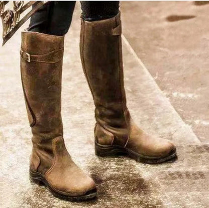 Damen Lederstiefel – Kniehoch – Schlanke Passform – Schnalle – Rutschfeste Sohle