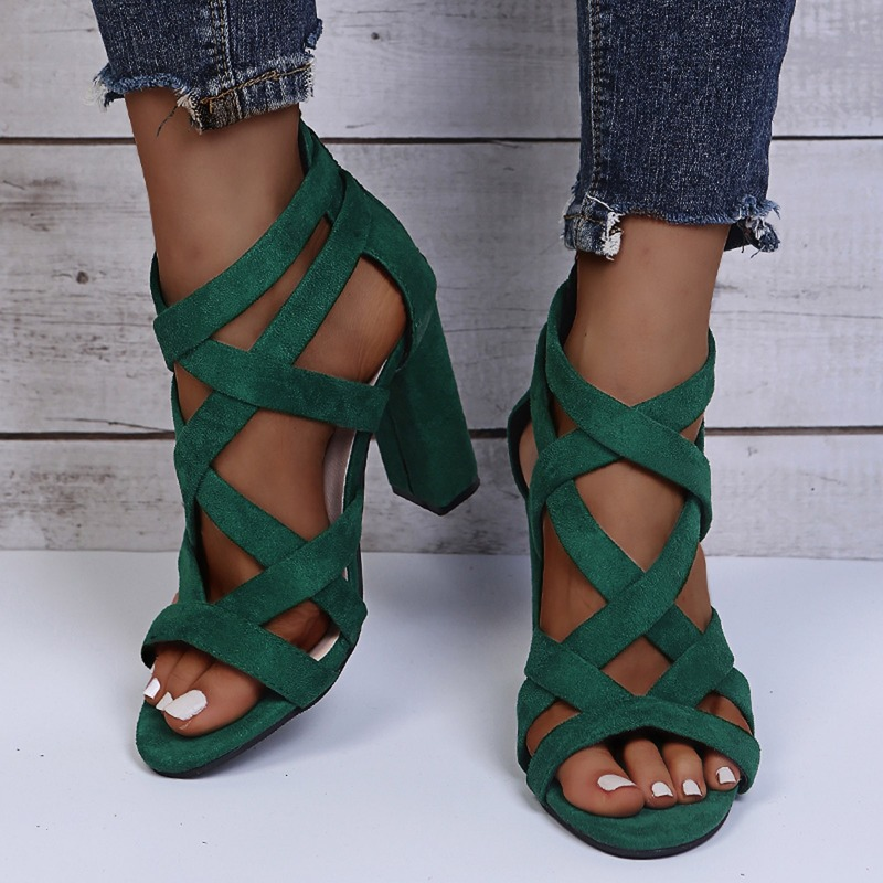 Damen High Heel Sandalen – Crisscross Riemen – Offene Spitze – Blockabsatz – Luxusgewebe