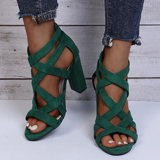 Damen High Heel Sandalen – Crisscross Riemen – Offene Spitze – Blockabsatz – Luxusgewebe