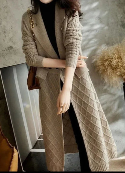 Damen Strickcardigan – Wollmix – Lockerer Schnitt – Offen – Rautenmuster Langform