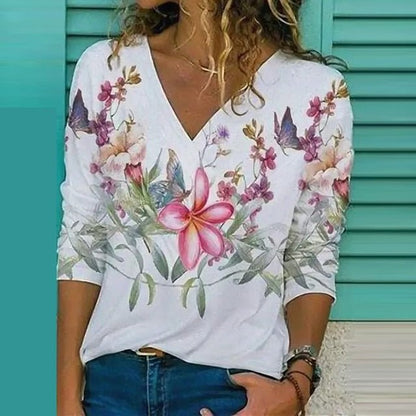 Damen Bluse – Lockerer Schnitt – Atmungsaktives Gewebe – V-Ausschnitt – 3/4-Arm