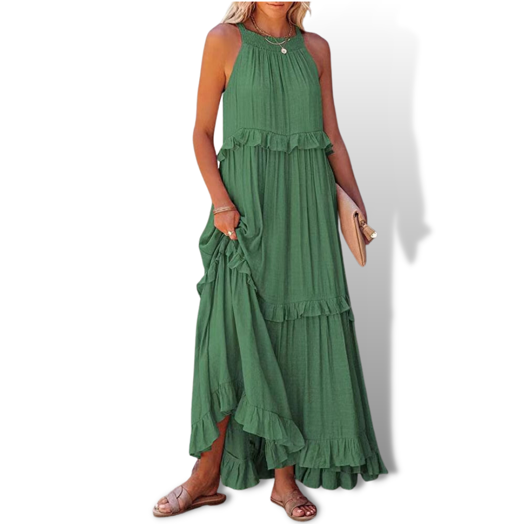 Damen Maxikleid – Lockere Passform – Ärmellos mit Neckholder – Natürliche Fasern