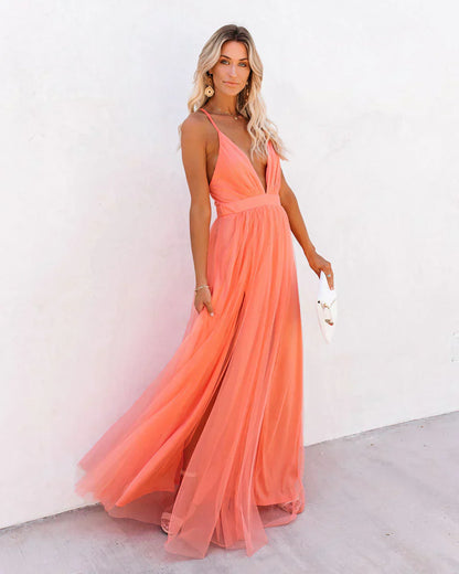 Damen Maxikleid – Elegante Passform – V-Ausschnitt – Spaghettiträger – Luftiges Design