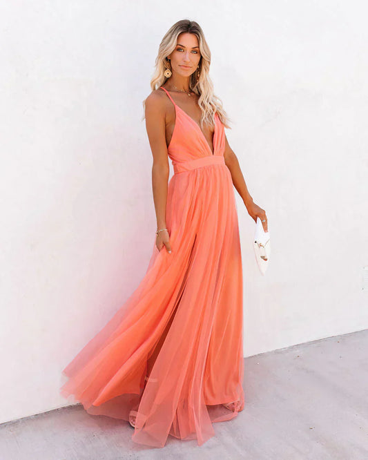 Damen Maxikleid – Elegante Passform – V-Ausschnitt – Spaghettiträger – Luftiges Design