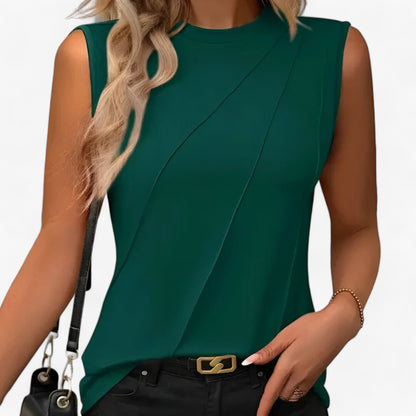 Damen Bluse ärmellos – Slim Fit – Hoher Ausschnitt – Drapierter Front – Atmungsaktiver Stoff
