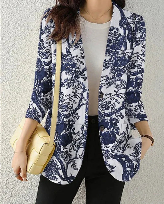 Damen Blazer – Taillierter Schnitt – Florales Muster – Baumwollmix – 3/4 Arm