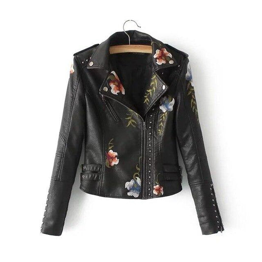 Damen Lederjacke – Taillierte Kurzform – Blumenstickerei – Bikerstil mit Nieten