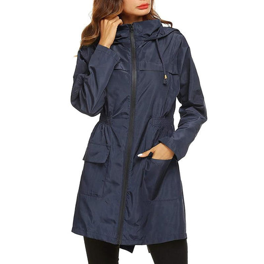 Damen Regenjacke – Wasserabweisend – Verstellbare Taille – Kapuze – Mittellang – Leicht