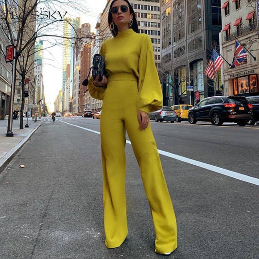 Damen Jumpsuit – Elegante Passform – Stehkragen – Weites Bein – Lange Ärmel