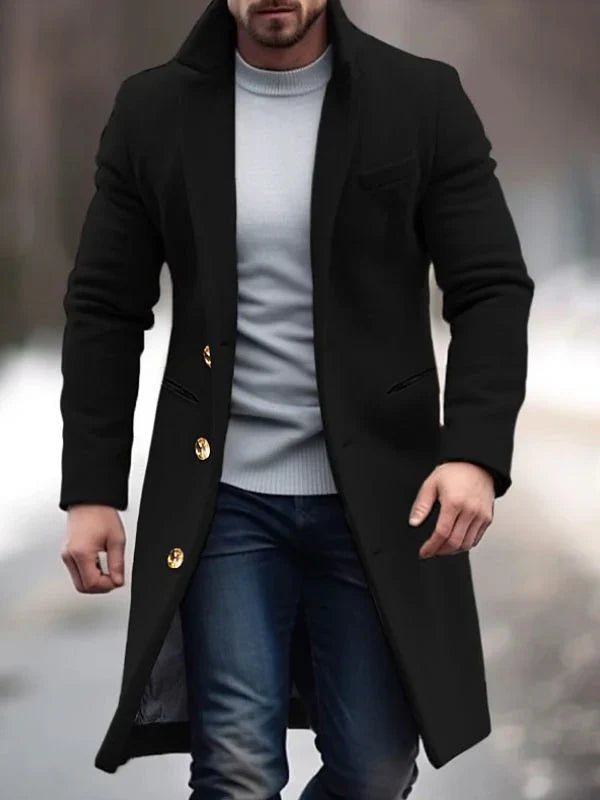 Herren Mantel – Wollmix – Taillierter Schnitt – Knie­lang – Knopf­verschluss – Lap­pen­kragen