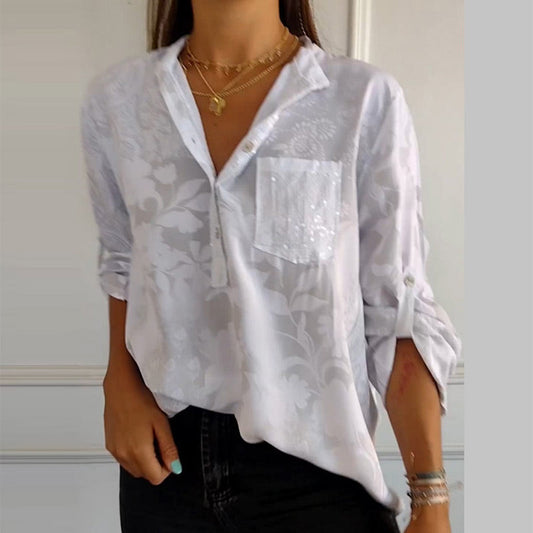Damen Bluse – Lockerer Schnitt – Atmungsaktives Gewebe – Florale Jacquardstruktur