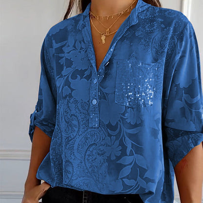 Damen Bluse – Lockerer Schnitt – Atmungsaktives Gewebe – Florale Jacquardstruktur
