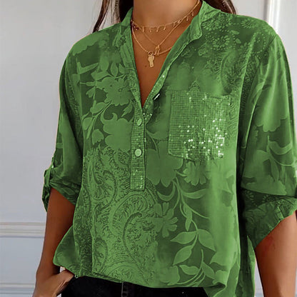 Damen Bluse – Lockerer Schnitt – Atmungsaktives Gewebe – Florale Jacquardstruktur