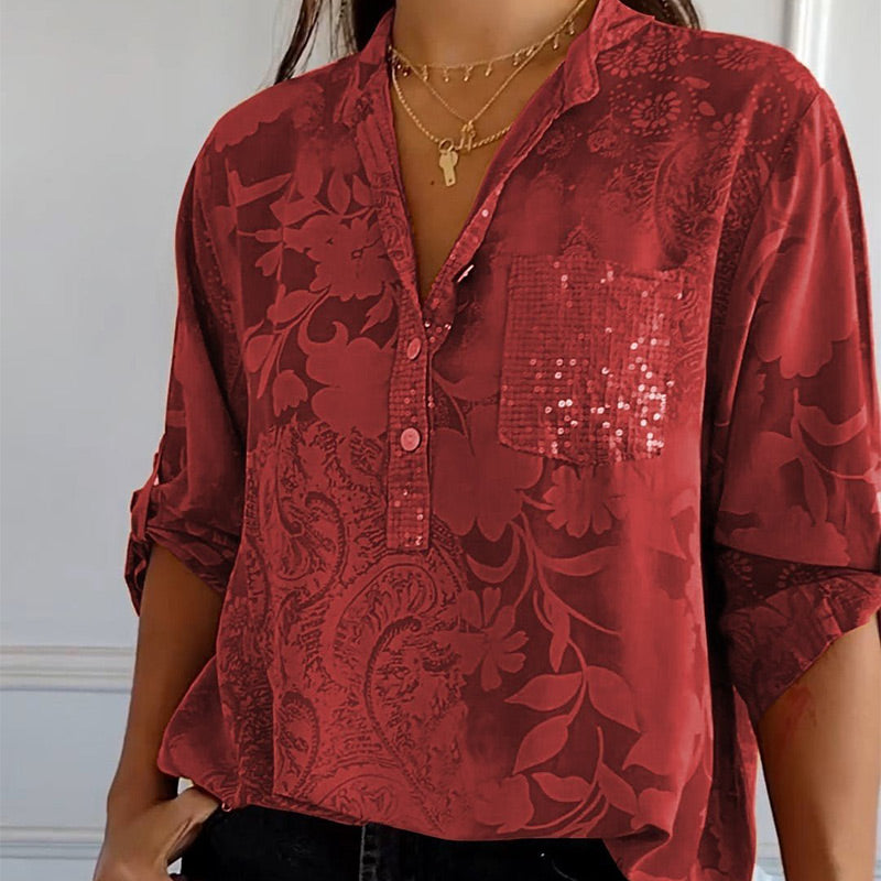 Damen Bluse – Lockerer Schnitt – Atmungsaktives Gewebe – Florale Jacquardstruktur