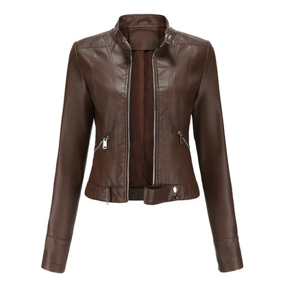 Damen Lederjacke – Slim Fit – Zipperfront – Stehkragen – Taillenlänge – Ziertaschen