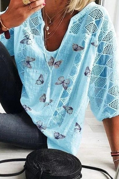 Damen Bluse – Lockerer Schnitt – V-Ausschnitt – 3/4 Arm – Spitze – Schmetterlingsprint