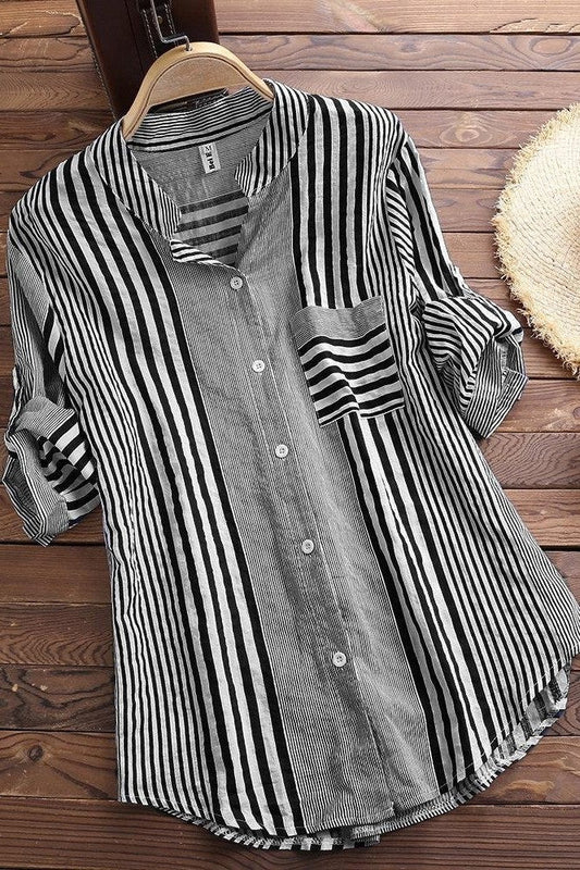 Damen Bluse – Lockerer Schnitt – Atmungsaktives Gewebe – 3/4 Ärmel – Stehkragen
