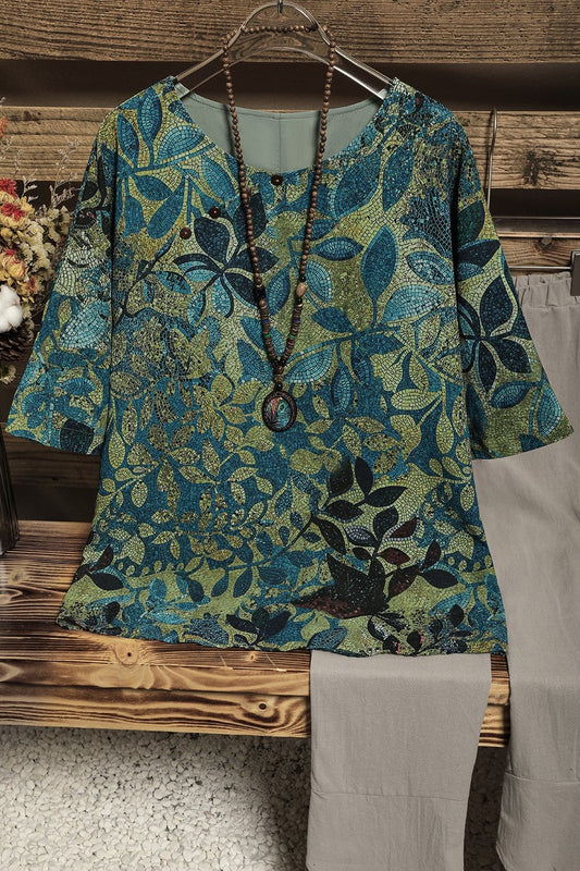 Damen Bluse – Relaxed Fit – Halbarm – Naturfasern – Rundhals – Blattmuster