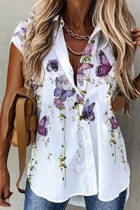 Damen Bluse – Relaxed Fit – Kurzarm – Knopfleiste – Schmetterlingsprint