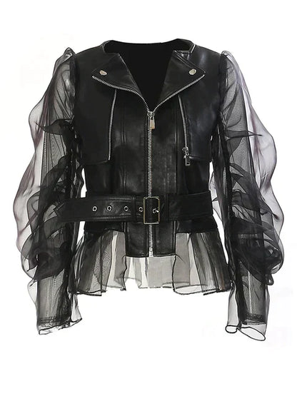 Damen Lederjacke – Figurbetont – Gürtelverschluss – Transparente Volantärmel