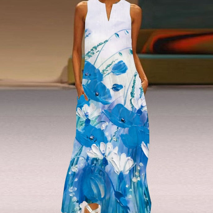 Damen Maxikleid – Lockere Passform – Ärmellos – Rundhals mit Schlitz – Atemaktive Mischung – Seitentaschen – Auffälliger Print