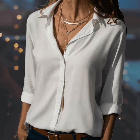 Damen Bluse – Lockerer Schnitt – Halbarm – Knopfleiste – Eleganter Kragen