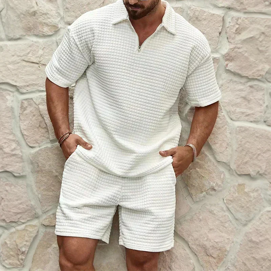 Herren Kurz Set – Relaxed Fit – Strukturstoff – Half-Zip Top – Elastischer Bund