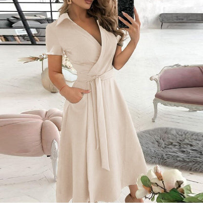 Damen Midikleid – Wickelstil – Gürtelbund – Kurzarm – Atmungsaktives Gewebe