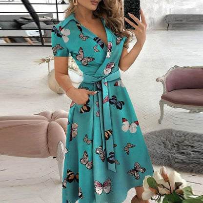 Damen Midikleid – Wickelstil – Gürtelbund – Kurzarm – Atmungsaktives Gewebe