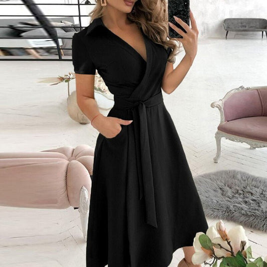 Damen Midikleid – Wickelstil – Gürtelbund – Kurzarm – Atmungsaktives Gewebe
