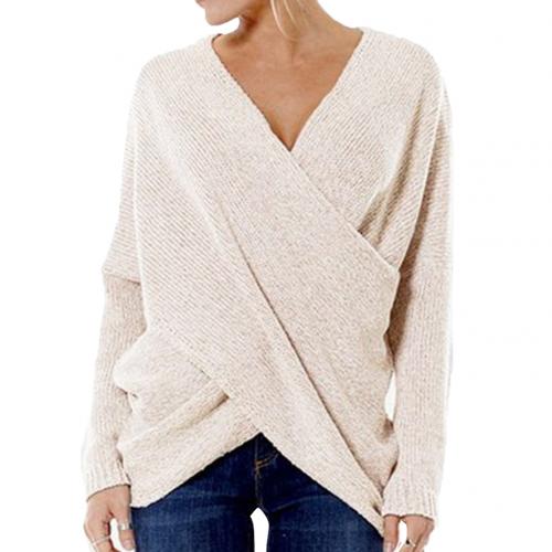 Damen Pullover – Lockerer Schnitt – Wollmix – V-Ausschnitt – Wickeldesign – Rippstrick