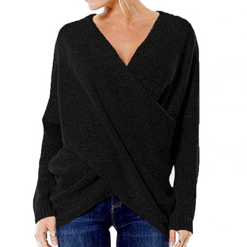 Damen Pullover – Lockerer Schnitt – Wollmix – V-Ausschnitt – Wickeldesign – Rippstrick