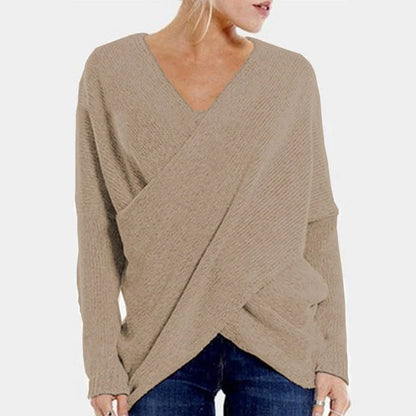 Damen Pullover – Lockerer Schnitt – Wollmix – V-Ausschnitt – Wickeldesign – Rippstrick