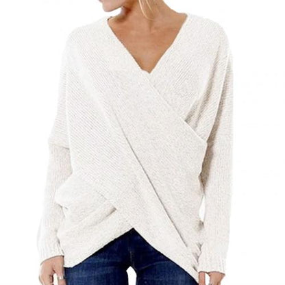 Damen Pullover – Lockerer Schnitt – Wollmix – V-Ausschnitt – Wickeldesign – Rippstrick