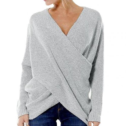 Damen Pullover – Lockerer Schnitt – Wollmix – V-Ausschnitt – Wickeldesign – Rippstrick